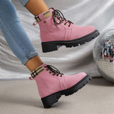 Women's Combat Lace Up Daily Booties Winter Flat Heel Round Toe Vacation Vintage Fashion Faux Leather Lace-up Pink Boots