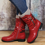 Women's Winter Flat Heel Round Toe Elegant Fashion Casual Faux Leather Zipper Boots