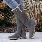 Women's Winter Buckle Zipper Flat Heel Round Toe Vintage Plush Classic Faux Suede Zipper Boots