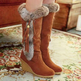 Women's Winter Bowknot Tassel Pom-pom Wedge Heel Round Toe Vintage Sweet Suede Loafer Boots