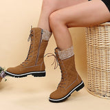 Women's Winter Lace-up Flat Heel Round Toe Vintage Casual Microfiber PU Zipper Boots