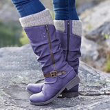 Women's Buckle Flat Heel Round Toe Vintage Casual Comfort Walking Faux Leather Zipper Boots