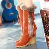 Women's Winter Bowknot Tassel Pom-pom Wedge Heel Round Toe Vintage Sweet Suede Loafer Boots