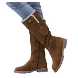 Women's Winter Buckle Zipper Flat Heel Round Toe Vintage Plush Classic Faux Suede Zipper Boots