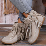 Women's Winter Tassel Flat Heel Round Toe Comfort Faux Suede Zipper Almond Boots