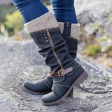 Women's Buckle Flat Heel Round Toe Vintage Casual Comfort Walking Faux Leather Zipper Boots