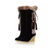 Women's Winter Bowknot Tassel Pom-pom Wedge Heel Round Toe Vintage Sweet Suede Loafer Boots