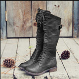 Women's Winter Buckle Flat Heel Round Toe Vintage Casual Minimalism Faux Leather Zipper Lace-up Boots