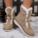 Women's Winter Flat Heel Round Toe Plush Casual Comfort Faux Suede Lace-up Boots