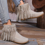 Women's Winter Tassel Flat Heel Round Toe Comfort Faux Suede Zipper Almond Boots