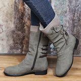 Women's Winter Flat Heel Round Toe Elegant Fashion Casual Faux Leather Zipper Boots