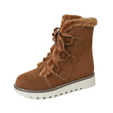 Women's Winter Flat Heel Round Toe Plush Casual Comfort Faux Suede Lace-up Boots