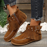 Women's Winter Tassel Flat Heel Round Toe Comfort Faux Suede Zipper Almond Boots