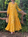 Yellow Leaf Print Loose Dress