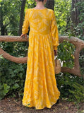 Yellow Leaf Print Loose Dress