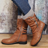 Women's Winter Flat Heel Round Toe Elegant Fashion Casual Faux Leather Zipper Boots