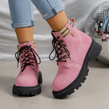 Women's Combat Lace Up Daily Booties Winter Flat Heel Round Toe Vacation Vintage Fashion Faux Leather Lace-up Pink Boots