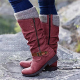 Women's Buckle Flat Heel Round Toe Vintage Casual Comfort Walking Faux Leather Zipper Boots