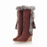 Women's Winter Bowknot Tassel Pom-pom Wedge Heel Round Toe Vintage Sweet Suede Loafer Boots