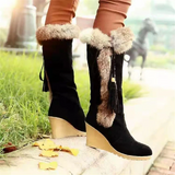 Women's Winter Bowknot Tassel Pom-pom Wedge Heel Round Toe Vintage Sweet Suede Loafer Boots