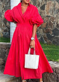 Red Puff Sleeve Pleated Shirt Midi Dress