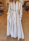 White Sequin Trim Belted Cotton Dress