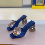 Rhinestone Thick Heeled Slippers