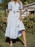 Vertical Stripe Puff-Sleeve Cross-Tie Long Dress