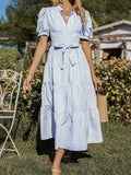 Vertical Stripe Puff-Sleeve Cross-Tie Long Dress