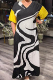 Yellow Sleeves Black And White Print Loosen Dress