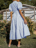 Vertical Stripe Puff-Sleeve Cross-Tie Long Dress