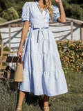 Vertical Stripe Puff-Sleeve Cross-Tie Long Dress