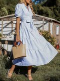 Vertical Stripe Puff-Sleeve Cross-Tie Long Dress