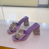 Rhinestone Thick Heeled Slippers