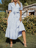 Vertical Stripe Puff-Sleeve Cross-Tie Long Dress