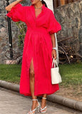 Red Puff Sleeve Pleated Shirt Midi Dress