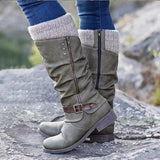 Women's Buckle Flat Heel Round Toe Vintage Casual Comfort Walking Faux Leather Zipper Boots