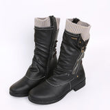 Women's Winter Flat Heel Round Toe Elegant Fashion Casual Faux Leather Zipper Boots