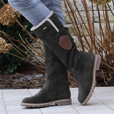 Women's Winter Buckle Zipper Flat Heel Round Toe Vintage Plush Classic Faux Suede Zipper Boots