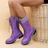 Women's Winter Lace-up Flat Heel Round Toe Vintage Casual Microfiber PU Zipper Boots