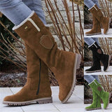 Women's Winter Buckle Zipper Flat Heel Round Toe Vintage Plush Classic Faux Suede Zipper Boots