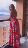 Red printed halter maxi dress