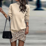 Three -color spots long -sleeved bag hip mini dress