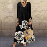 V-Neck Long Sleeve Printed Long Dress Button Casual Dress