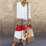 V-Neck Long Sleeve Printed Long Dress Button Casual Dress