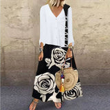 V-Neck Long Sleeve Printed Long Dress Button Casual Dress