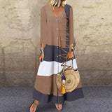 V-Neck Long Sleeve Printed Long Dress Button Casual Dress