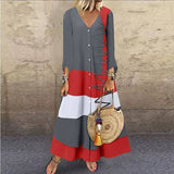 V-Neck Long Sleeve Printed Long Dress Button Casual Dress