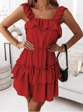 Solid Color Sling Panel Double Layer Ruffle Dress