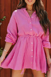 Rosy Button Up No Collar Tie Waist Mini Shirt Dress for Women